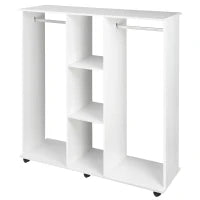 Armadio Guardaroba a Rotelle con 2 Barre e 3 Ripiani Aperti, in Legno e Alluminio, 120x40x128 cm, Bianco