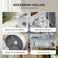 Gabbia per Criceti a 2 Livelli e 3 Porte con Ruota e Tubi, in Acciaio, PS e PP, 44.5x28x44 cm, Grigio e Bianco