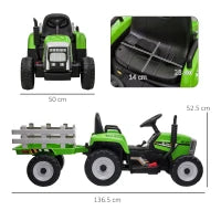 Trattore Elettrico per Bambini 3-6 Anni con Rimorchio Rimovibile, Batteria 12V e Telecomando, Verde