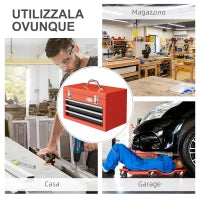 DURHAND Cassetta Porta Attrezzi con 3 Cassetti e Vano Superiore in Acciaio con Maniglia, 45x24x27cm, Rosso