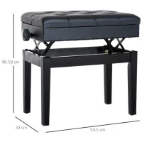 Sgabello per Pianoforte Trapuntato con Vano Contenitore, in Legno e Pelle PU, 54.5x33x48-58 cm, Nero
