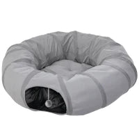Tunnel per gatti con letto e cuscino, pieghevole, con fori per palline e porticina, Ø 90 x 27 cm grigio