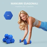 Set 2 Manubri Esagonali da 2x7kg in Metallo e Plastica con Impugnatura Antiscivolo, 22.5x10.5x10.5 cm, Blu