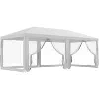 Gazebo da Giardino per Feste con 6 Pareti Rimovibili a Zanzariera, 582x295x255cm, Bianco
