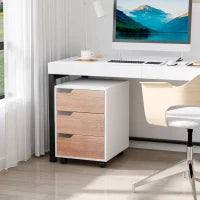 Cassettiera in MDF con 3 Cassetti e Ruote per Ufficio o Studio Bianca e Legno, 40x50x57.5cm