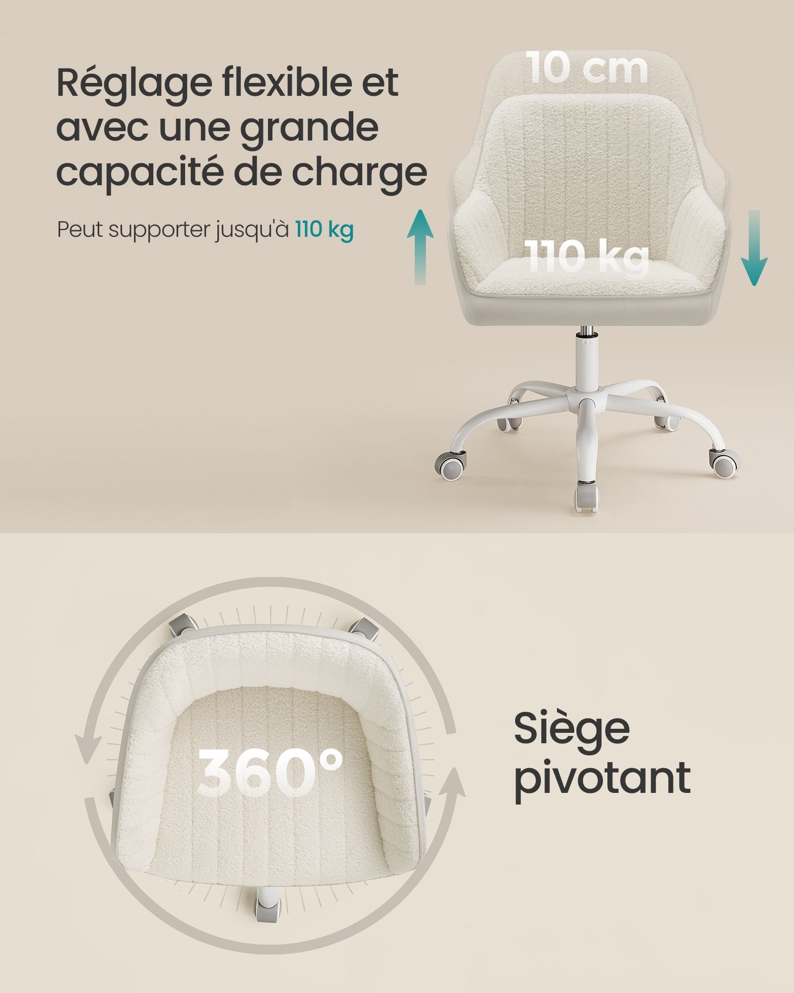 Sedia da ufficio con superficie in velluto sedia girevole seduta ergonomica imbottitura in schiuma altezza regolabile beige 12_0004852