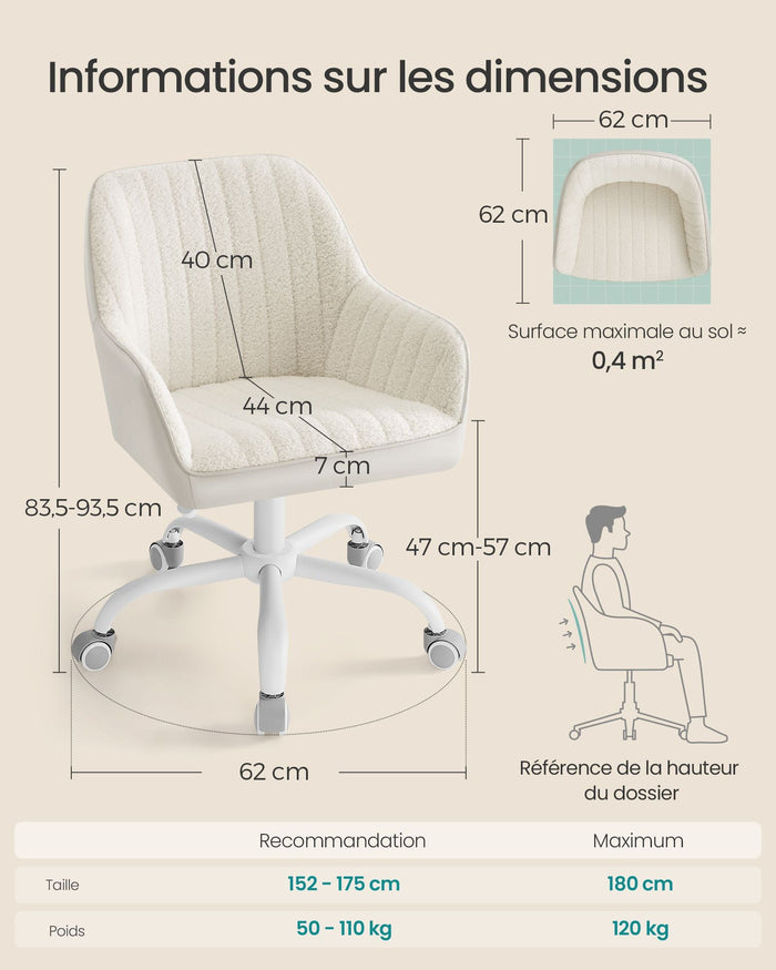 Sedia da ufficio con superficie in velluto sedia girevole seduta ergonomica imbottitura in schiuma altezza regolabile beige 12_0004852