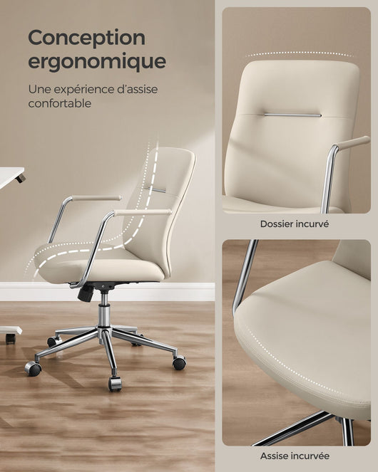 Sedia da ufficio girevole poltrona ergonomica facile da pulire superficie in PU altezza regolabile schienale confortevole seduta curva portata 150 kg beige 12_0004886
