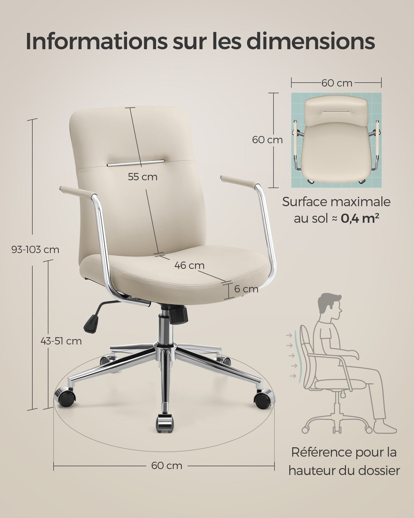 Sedia da ufficio girevole poltrona ergonomica facile da pulire superficie in PU altezza regolabile schienale confortevole seduta curva portata 150 kg beige 12_0004886