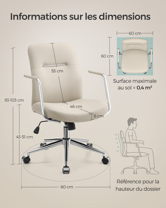 Sedia da ufficio girevole poltrona ergonomica facile da pulire superficie in PU altezza regolabile schienale confortevole seduta curva portata 150 kg beige 12_0004886