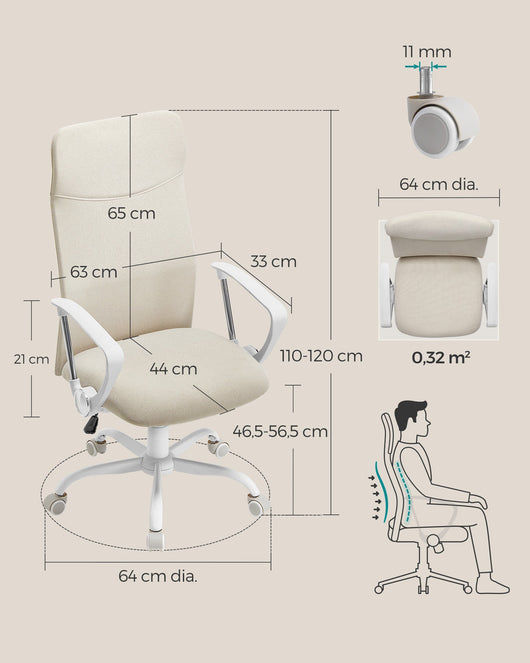 Sedia da ufficio ergonomica imbottita girevole in tessuto seduta regolabile in altezza meccanismo di inclinazione portata 120 kg beige 12_0005877
