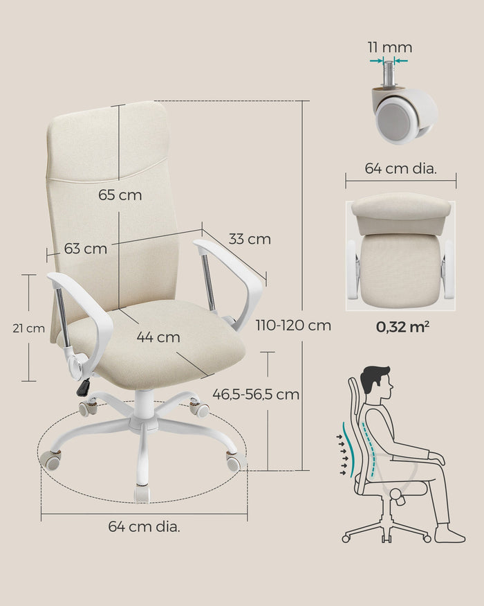Sedia da ufficio ergonomica imbottita girevole in tessuto seduta regolabile in altezza meccanismo di inclinazione portata 120 kg beige 12_0005877