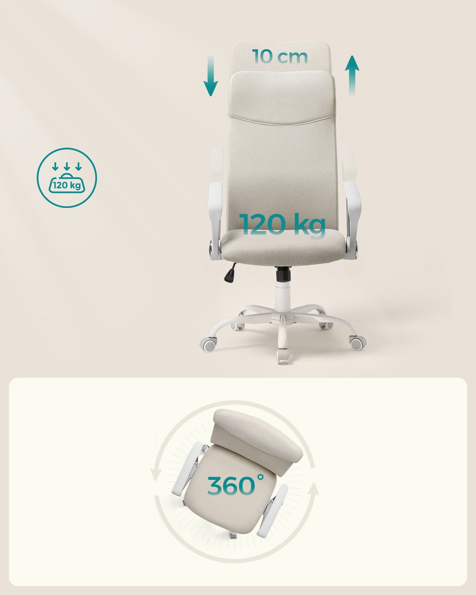 Sedia da ufficio ergonomica imbottita girevole in tessuto seduta regolabile in altezza meccanismo di inclinazione portata 120 kg beige 12_0005877