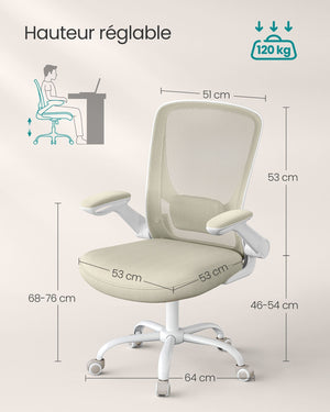 Sedia da ufficio con braccioli pieghevoli sedia da ufficio in tela seduta girevole a 360° supporto lombare regolabile salvaspazio beige 12_0005867