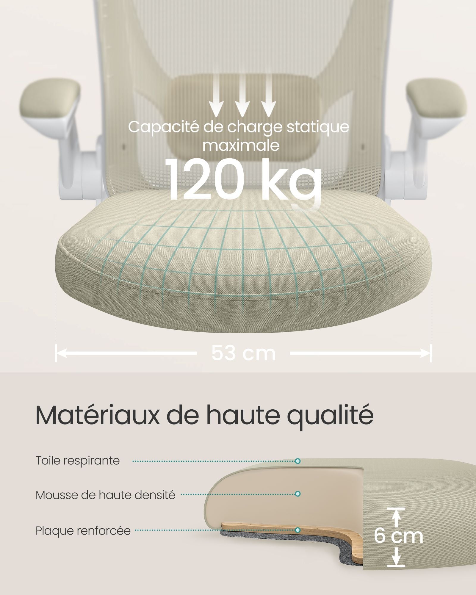 Sedia da ufficio con braccioli pieghevoli sedia da ufficio in tela seduta girevole a 360° supporto lombare regolabile salvaspazio beige 12_0005867