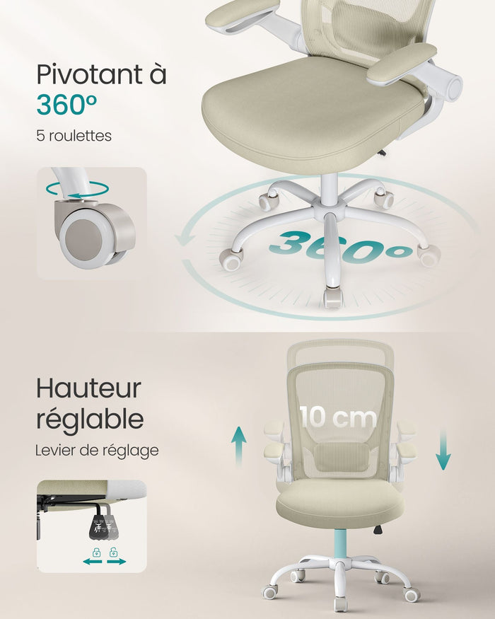 Sedia da ufficio con braccioli pieghevoli sedia da ufficio in tela seduta girevole a 360° supporto lombare regolabile salvaspazio beige 12_0005867