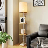 Lampada da Terra con Ripiani e Telecomando, 3 Temperature Colore, Legno Naturale