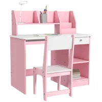 Scrivania per bambini con sedia ergonomica con piano scorrevole, cassetto, nicchie e mensole aperte 90 x 45 x 90 cm rosa