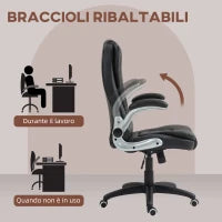 Sedia da Ufficio in Finta Pelle PU con Braccioli Ribaltabili, Schienale Alto e Dondolo, Nero