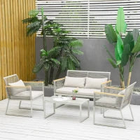 Set da Giardino 4 Pezzi in Rattan PE con 2 Poltrone, Divanetto e Tavolino da Caffè in Vetro Temperato Grigio