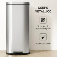 Pattumiera a Pedale da 30L con Secchio Rimovibile, in Metallo e PP, 29x36x59.5 cm, Argento
