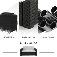 Divano da Esterno a 2 Posti da in PP Plastica ad Effetto Rattan, Divano da Giardino con Cuscini Rimovibili e Lavabili, Grigio e Nero