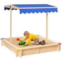 Sabbiera per Bambini in Legno con Panca e Tettuccio Parasole Regolabile, 120x120x120cm, Colore Legno e Blu
