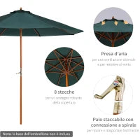 Ombrellone da giardino in legno di pioppo, copertura di poliestere Verde, Stabile, Anti-UV, Ø270 x 250cm