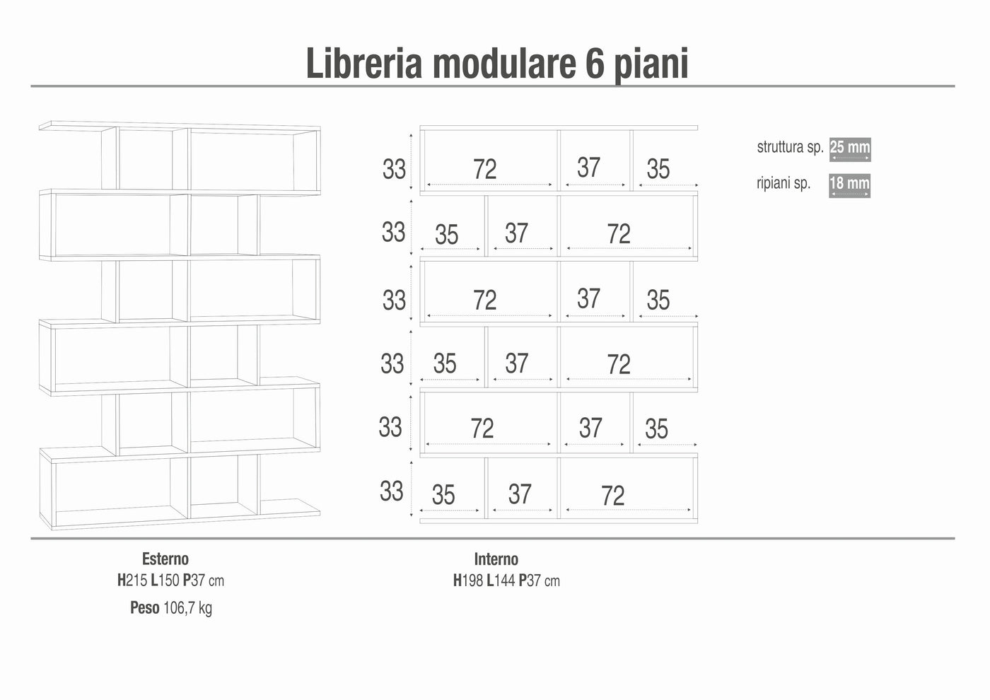 Libreria modulare 6 piani 150x37x215H cm in kit colore Cemento