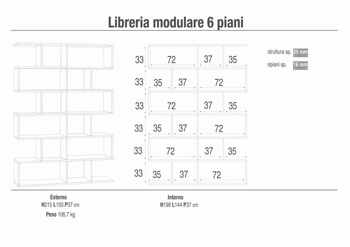 Libreria modulare 6 piani 150x37x215H cm in kit colore Cemento