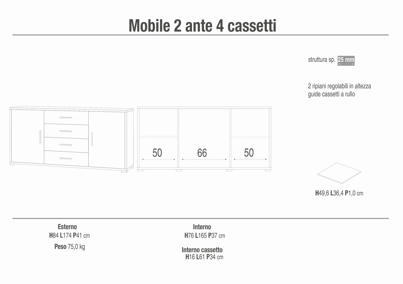 Credenza Mobile 2 ante con 4 cassetti 174x41x84H cm desing moderno in kit colore Noce Stelvio e Ossido bianco
