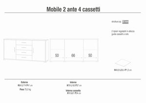 Credenza Mobile 2 ante con 4 cassetti 174x41x84H cm desing moderno in kit colore Noce Stelvio e Ossido bianco