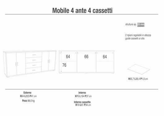 Madia credenza mobile con 4 ante e 4 cassetti 203x41x84H cm in kit di montaggio colore Cemento
