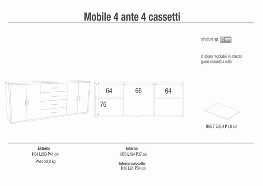 Madia credenza mobile con 4 ante e 4 cassetti 203x41x84H cm in kit di montaggio colore Cemento e Ossido bianco