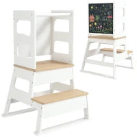 Torre Montessoriana per Bambini con Lavagna e Ringhiera, in Legno, 55x52.5x87.5 cm, Bianco e color Legno