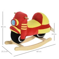 Cavallo a Dondolo per Bambini 18-36 Mesi a Forma di Moto, Cavallo per Bambini Cavalcabile in Legno e Peluche, Suoni Realistici, Max. 40kg, Rosso e Giallo