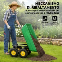 Carrello da Giardino 75L in Acciaio e PP con Vasca ribaltabile e Maniglia, 109x52x94 cm, Verde