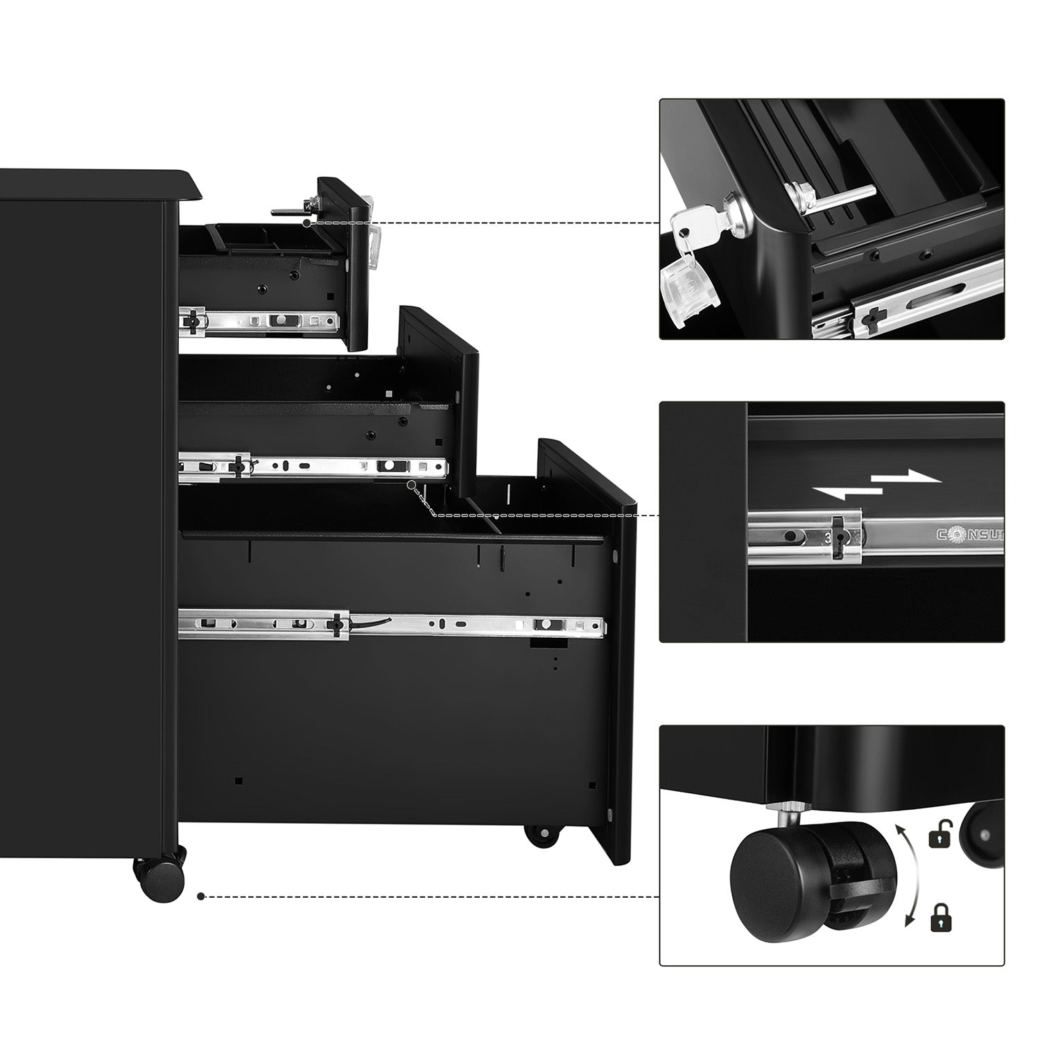 Mobiletto portaoggetti mobile per ufficio con ruote e serratura per documenti e cartelle sospese con 3 cassetti nero 12_0004826