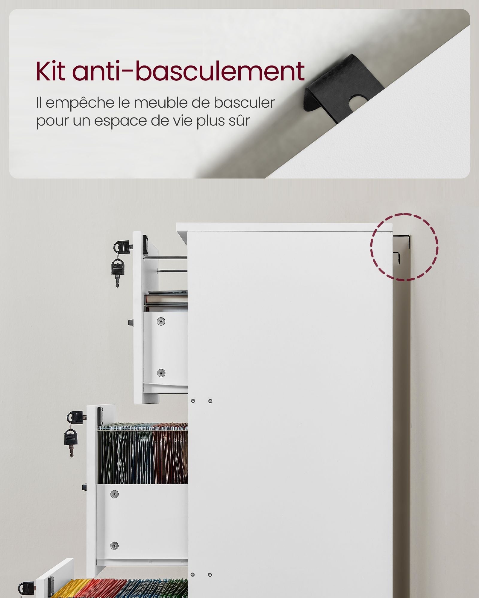 Mobiletto per ufficio a 3 cassetti portadocumenti supporto per stampante 3 cassetti con serratura barra appendiabiti regolabile per file A4 12_0004803