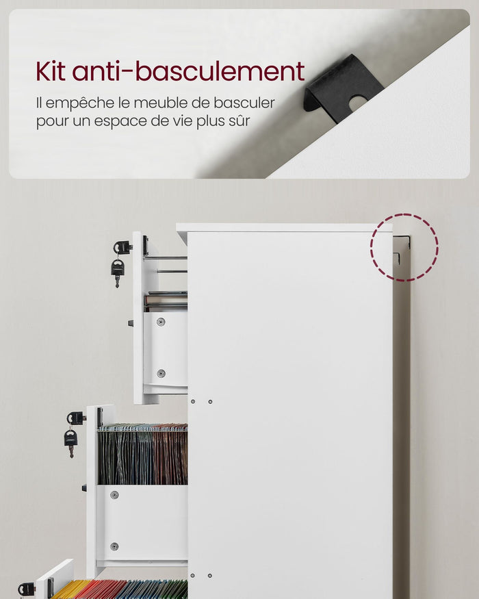 Mobiletto per ufficio a 3 cassetti portadocumenti supporto per stampante 3 cassetti con serratura barra appendiabiti regolabile per file A4 12_0004803