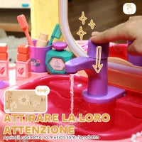 Tavolo Toeletta per Bambine 3-6 Anni con Specchio in Acrilico e Rubinetto, in PP e GPPS, 55x29x71 cm, Rosa