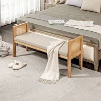 Panca Fondo Letto Boho con Seduta Imbottita e Braccioli in Legno e Rattan, 120x38x61.5cm, Crema