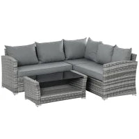 Set Mobili da Giardino in Rattan PE da 4 Pezzi, Salotto con Divano Angolare e Tavolino con Vetro, Cuscini Imbottiti e Sfoderabili, Grigio