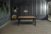 E-STYLO Tavolo allungabile con top rovere in melaminico e base in metallo nero, 80cm X 130/ 290cm H. 76cm.
