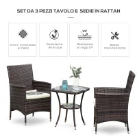 Set Mobili da Giardino Rattan Set Arredamento Giardino 3pz Tavolo con 2 Sedie con Cuscini Marrone