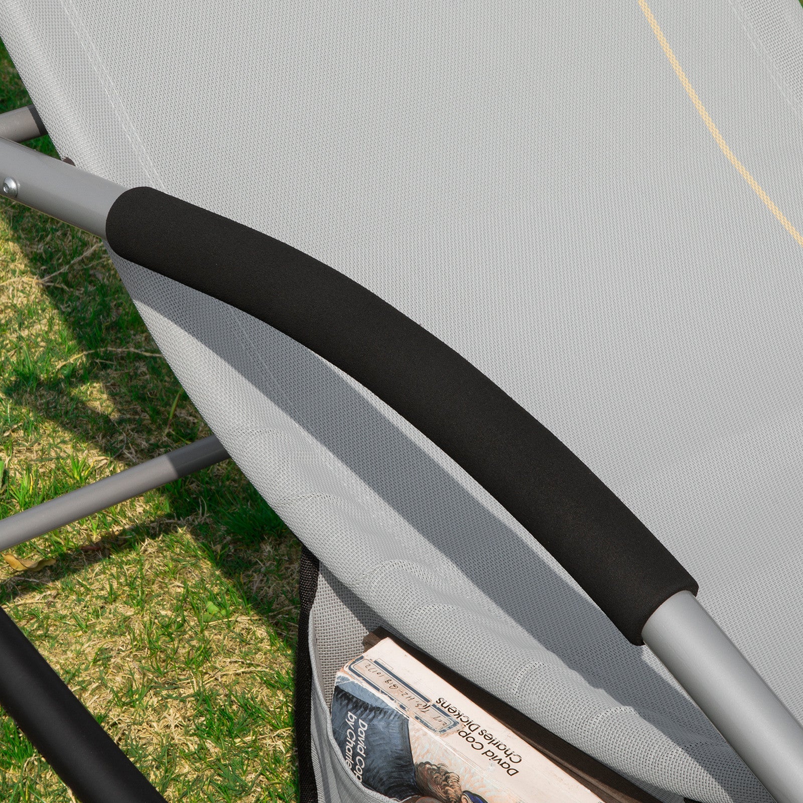 SoBuy Lettino Sdraio da Giardino a Dondolo - Sedia a Dondolo da Esterno in Textilene Grigio con Telaio in Metallo, 150x63x87cm, Lettino Prendisole per Terrazza, Piscina, Patio, OGS28-HG