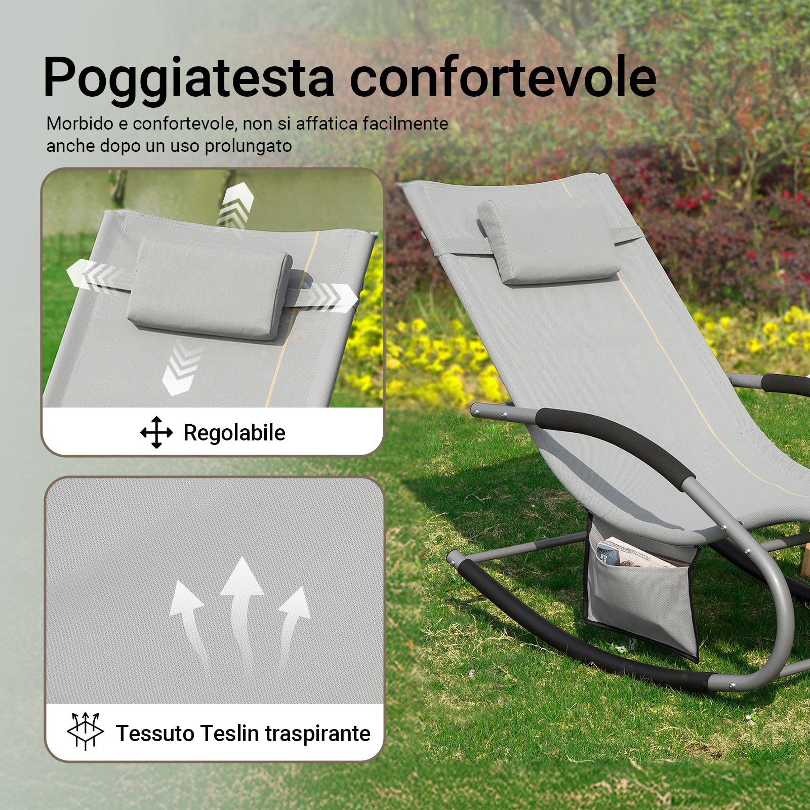 SoBuy Lettino Sdraio da Giardino a Dondolo - Sedia a Dondolo da Esterno in Textilene Grigio con Telaio in Metallo, 150x63x87cm, Lettino Prendisole per Terrazza, Piscina, Patio, OGS28-HG