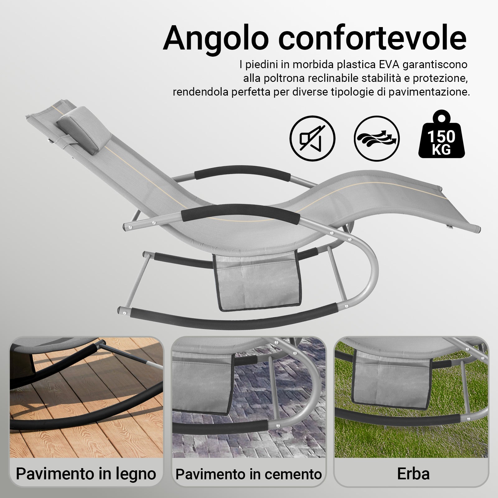 SoBuy Lettino Sdraio da Giardino a Dondolo - Sedia a Dondolo da Esterno in Textilene Grigio con Telaio in Metallo, 150x63x87cm, Lettino Prendisole per Terrazza, Piscina, Patio, OGS28-HG