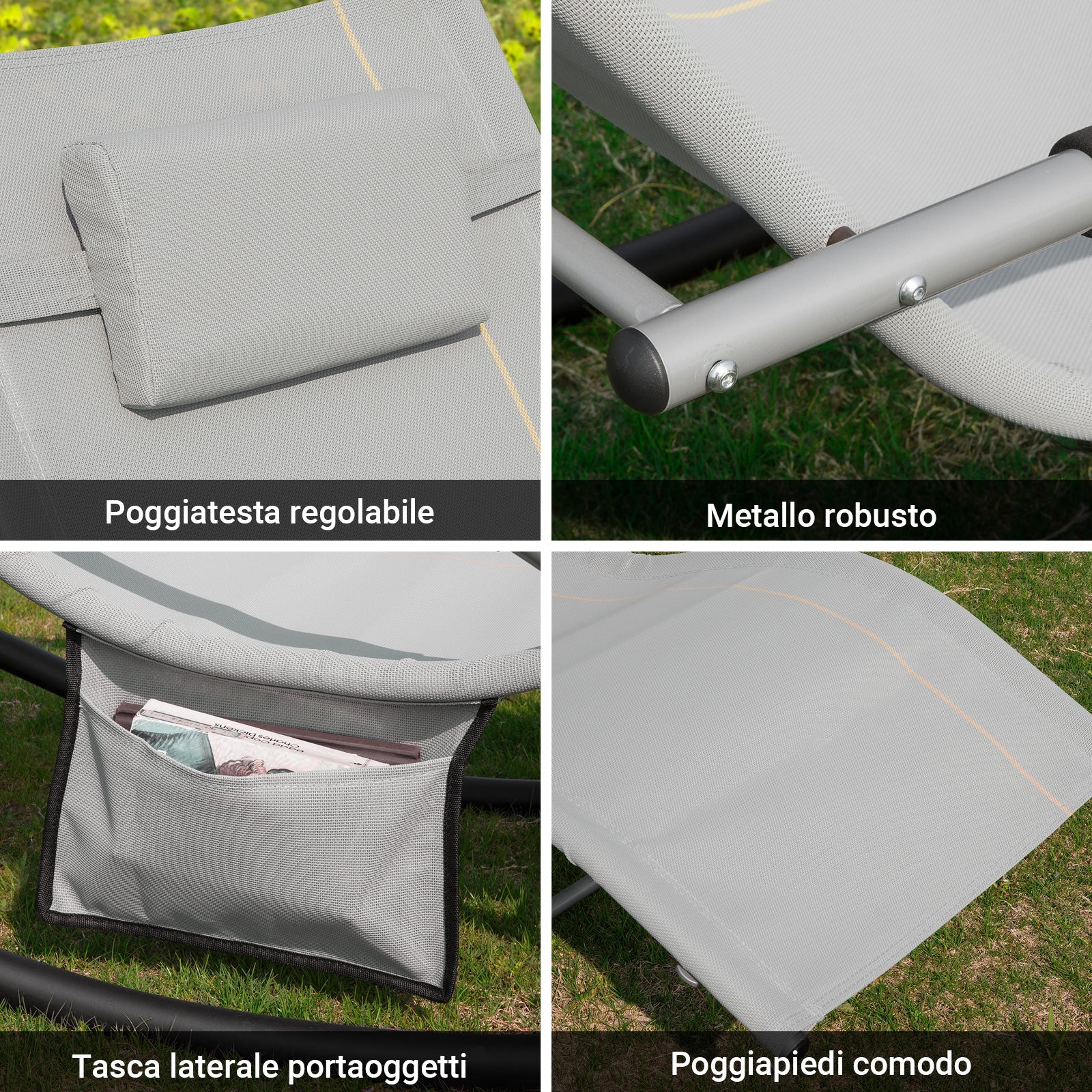SoBuy Lettino Sdraio da Giardino a Dondolo - Sedia a Dondolo da Esterno in Textilene Grigio con Telaio in Metallo, 150x63x87cm, Lettino Prendisole per Terrazza, Piscina, Patio, OGS28-HG