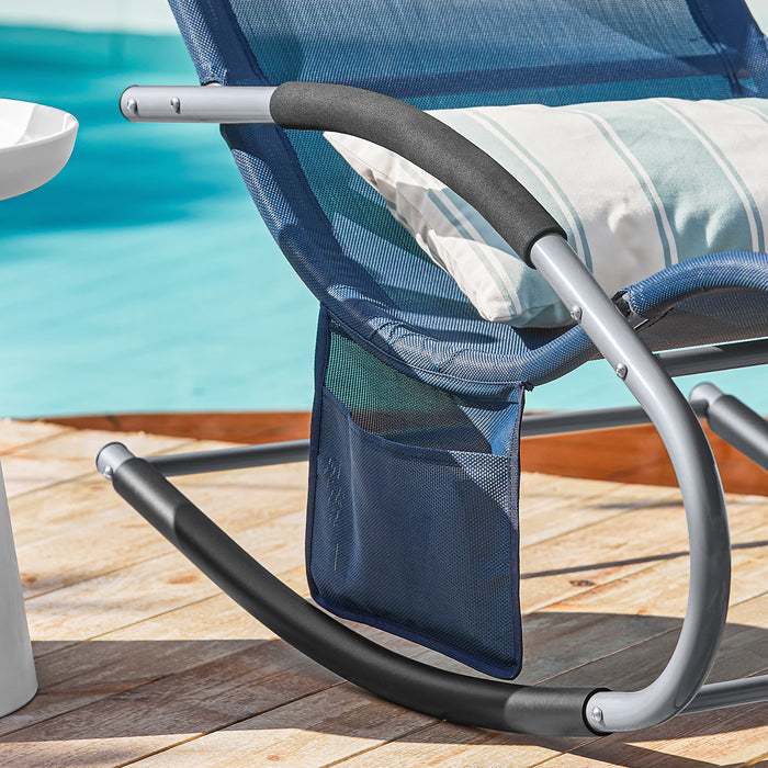 SoBuy Lettino Sdraio da Giardino a Dondolo - Sedia a Dondolo da Esterno in Textilene Blu Navy con Telaio in Metallo, 150x63x87cm, Lettino Prendisole per Terrazza, Piscina, Patio, OGS28-NB